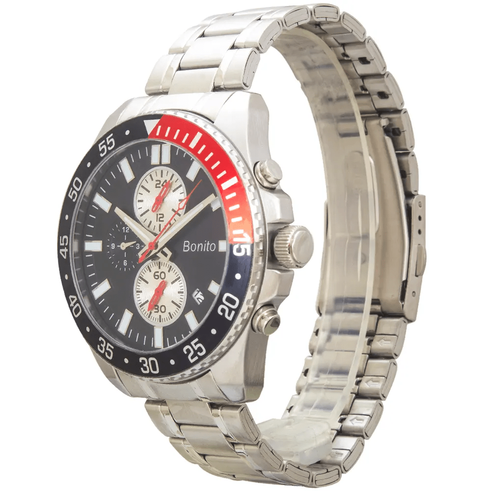 K-7015 Bonito Black Dial Silver Stainless Steel Band Multi-Function Men's Watch. - Timecheck