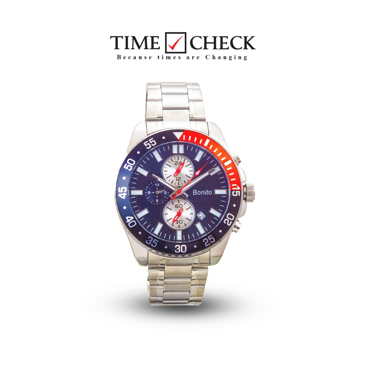 K-7015 Bonito Black Dial Silver Stainless Steel Band Multi-Function Men's Watch. - Timecheck