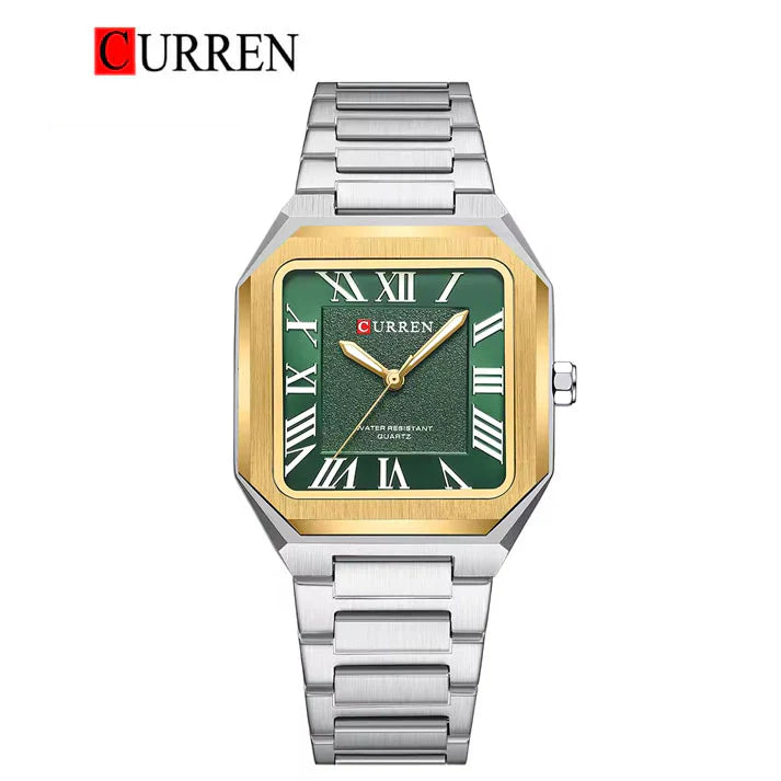 M:8482 CURREN Green Dial SILVER Stainless Steel Chain Analog Quartz Men's Watch With Box & Bag