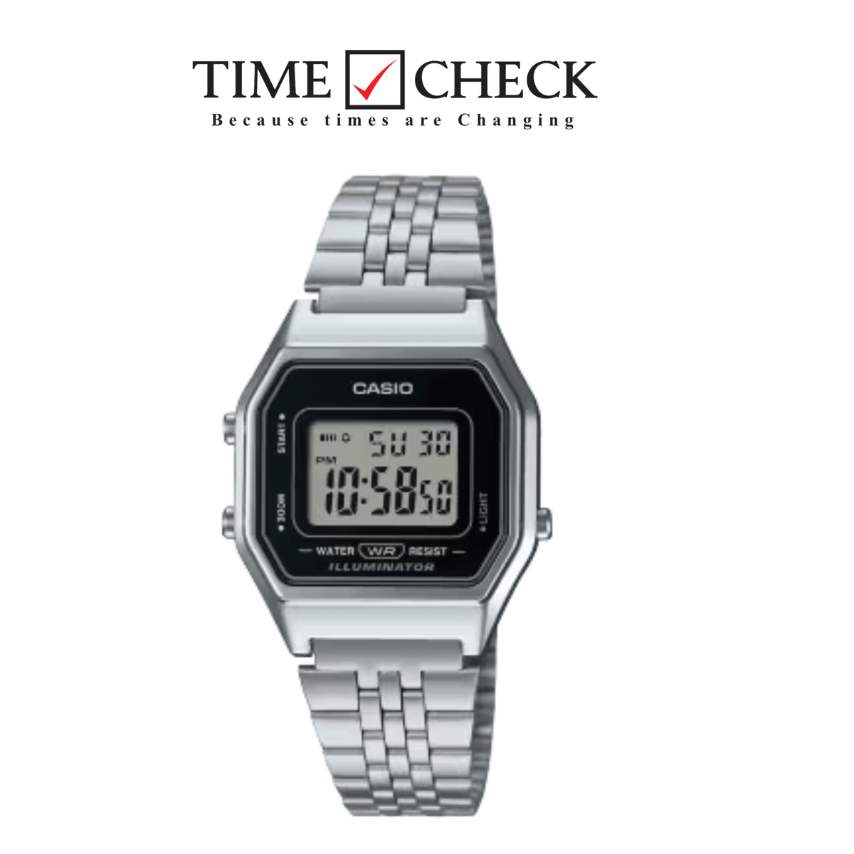 LA680WA-1DF Casio Vintage Black Dial Silver Stainless Steel Digital Quartz Women's Watch - Timecheck