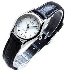 LTP-1094E-7ARDF Casio White Dial Black Leather Strap Analog Quartz Women's Watch. - Timecheck