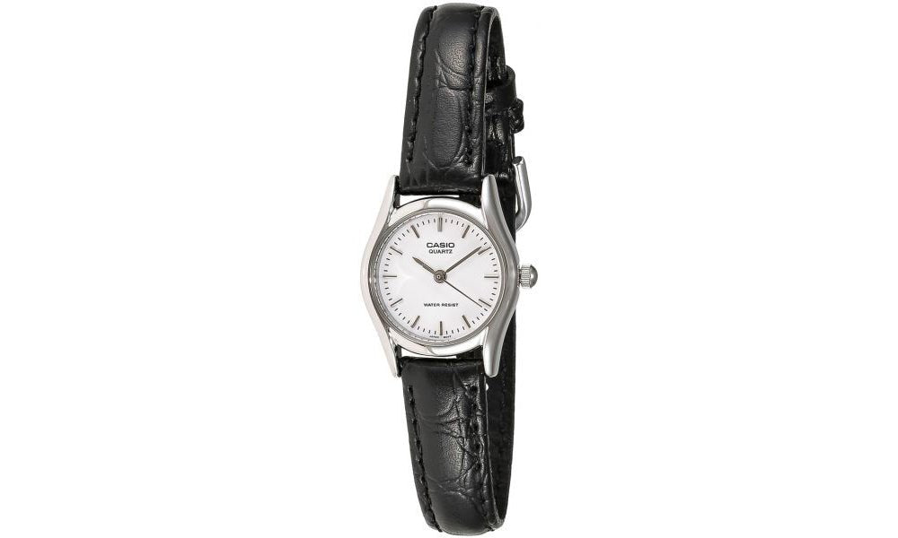 LTP-1094E-7ARDF Casio White Dial Black Leather Strap Analog Quartz Women's Watch. - Timecheck