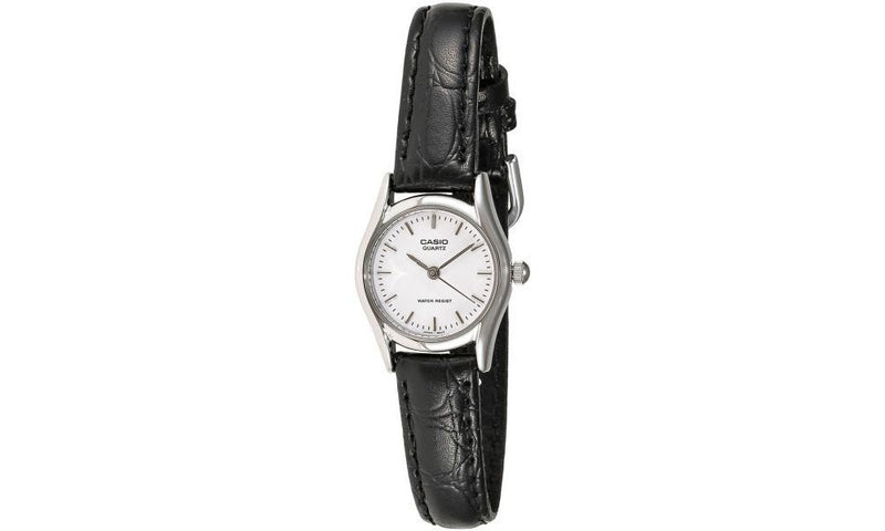 LTP-1094E-7ARDF Casio White Dial Black Leather Strap Analog Quartz Women's Watch. - Timecheck