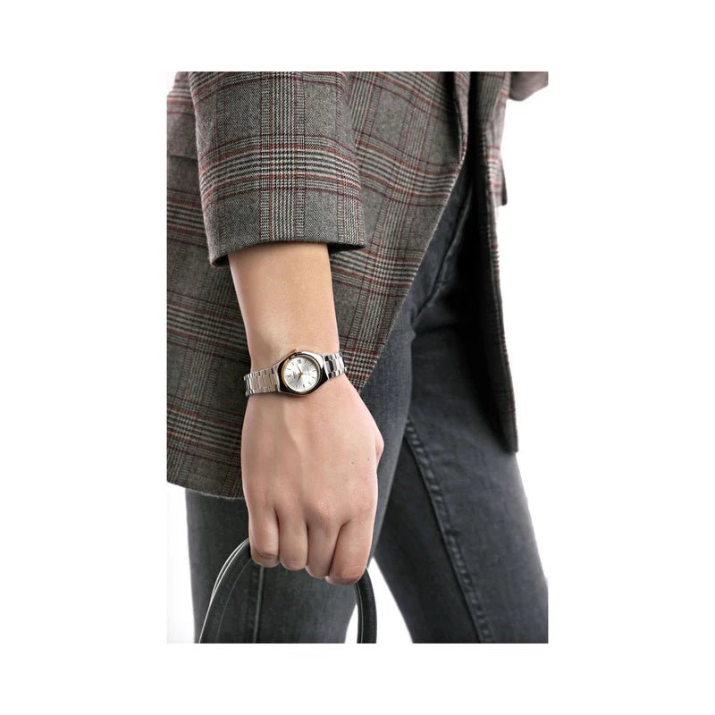Casio LTP-1170G-7ARDF quartz womens watch featuring a clean white dial face and a polished two-tone stainless link bracelet