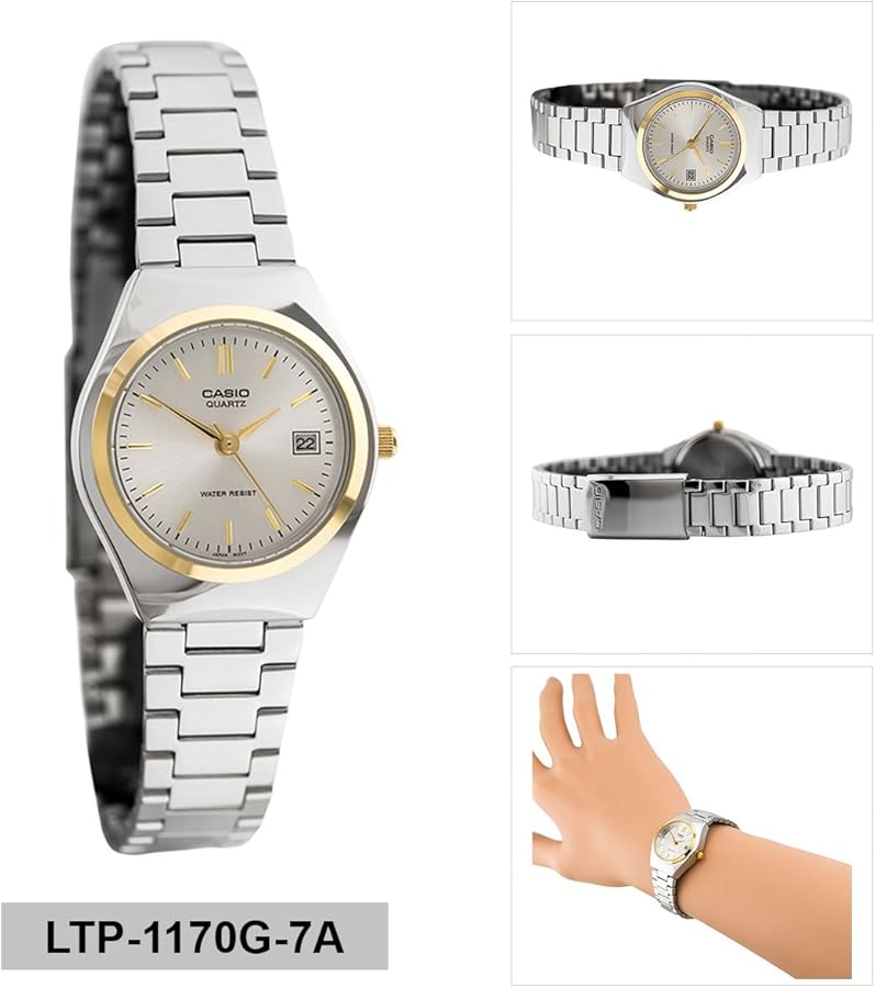 Casio LTP-1170G-7ARDF quartz womens watch featuring a clean white dial face and a polished two-tone stainless link bracelet