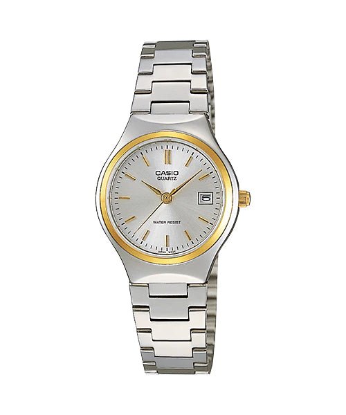 Casio LTP-1170G-7ARDF quartz womens watch featuring a clean white dial face and a polished two-tone stainless link bracelet