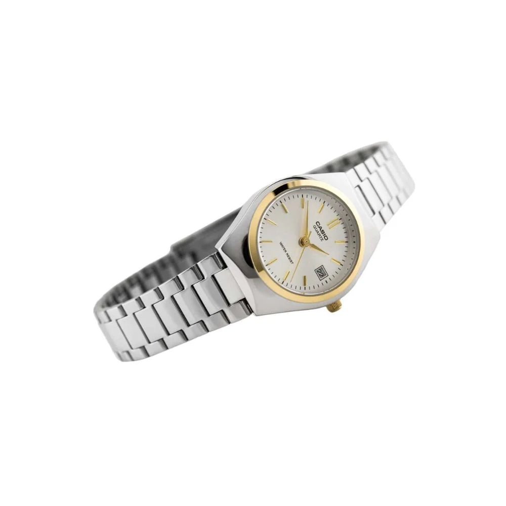 Casio LTP-1170G-7ARDF quartz womens watch featuring a clean white dial face and a polished two-tone stainless link bracelet