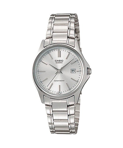 Casio LTP-1183A-7ADF quartz womens dress watch featuring a silver dial with date display and polished stainless link bracelet