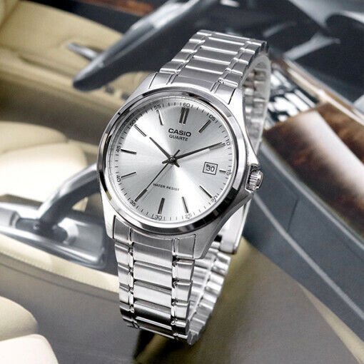 Casio LTP-1183A-7ADF quartz womens dress watch featuring a silver dial with date display and polished stainless link bracelet