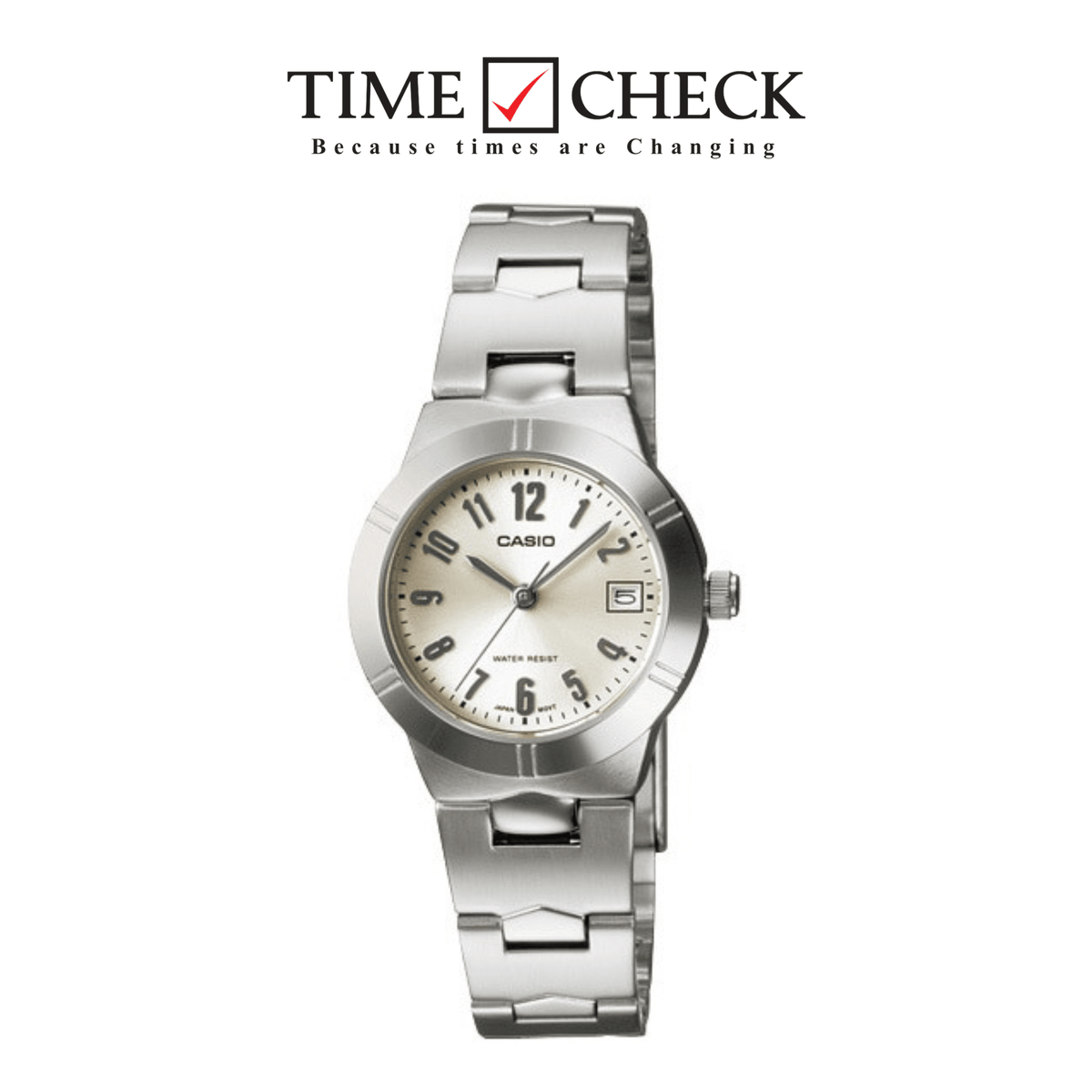 Casio LTP-1241D-7A2DF women's analog watch featuring a classic silver dial face and polished stainless steel link bracelet