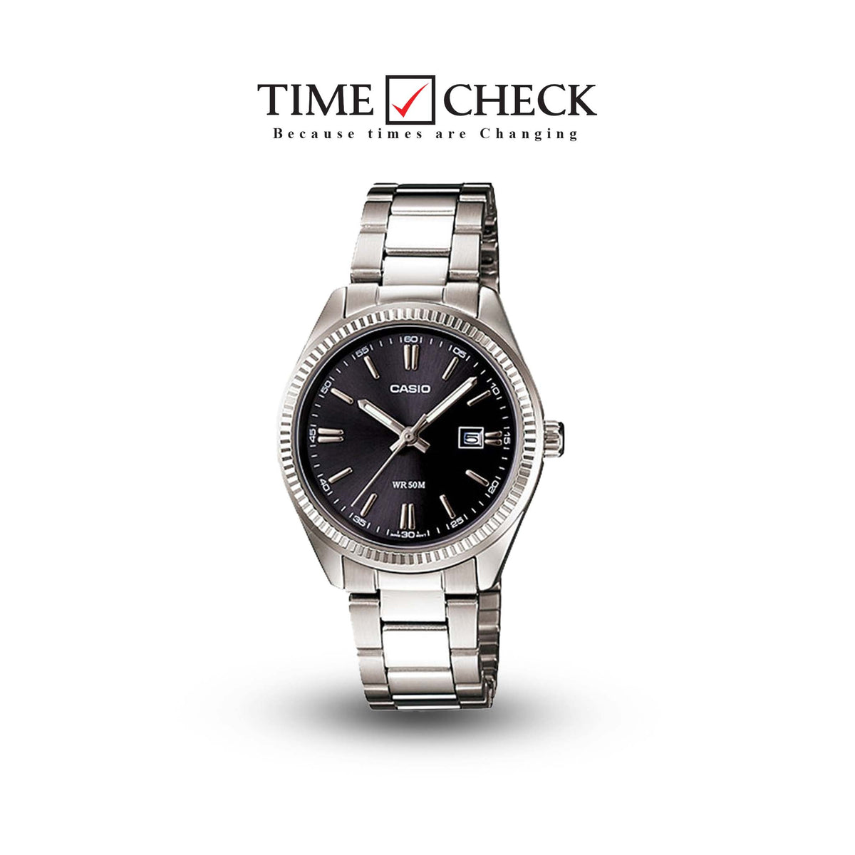 LTP-1302D-1A1VDF Casio Stainless Steel Analog Black Dial Watch Women Watch. - Timecheck