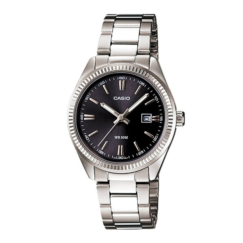 LTP-1302D-1A1VDF Casio Stainless Steel Analog Black Dial Watch Women Watch. - Timecheck