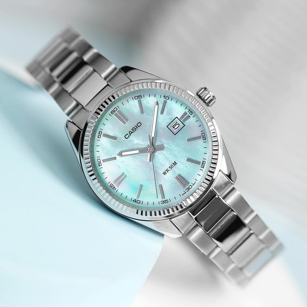 LTP-1302DS-2AVDF Casio Blue Mop Dial Stainless Steel Analog Quartz Women's Watch. - Timecheck