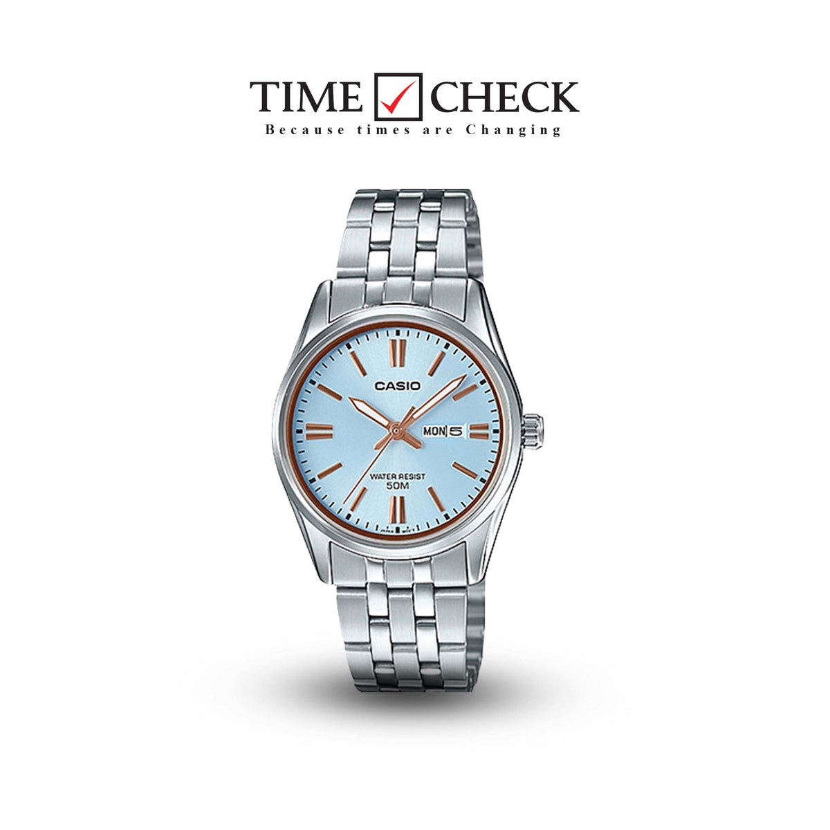 Casio LTP-1335D-2AVDF Elegant Aqua Blue Dial Day Date Display Stainless Steel Band Women's Watch