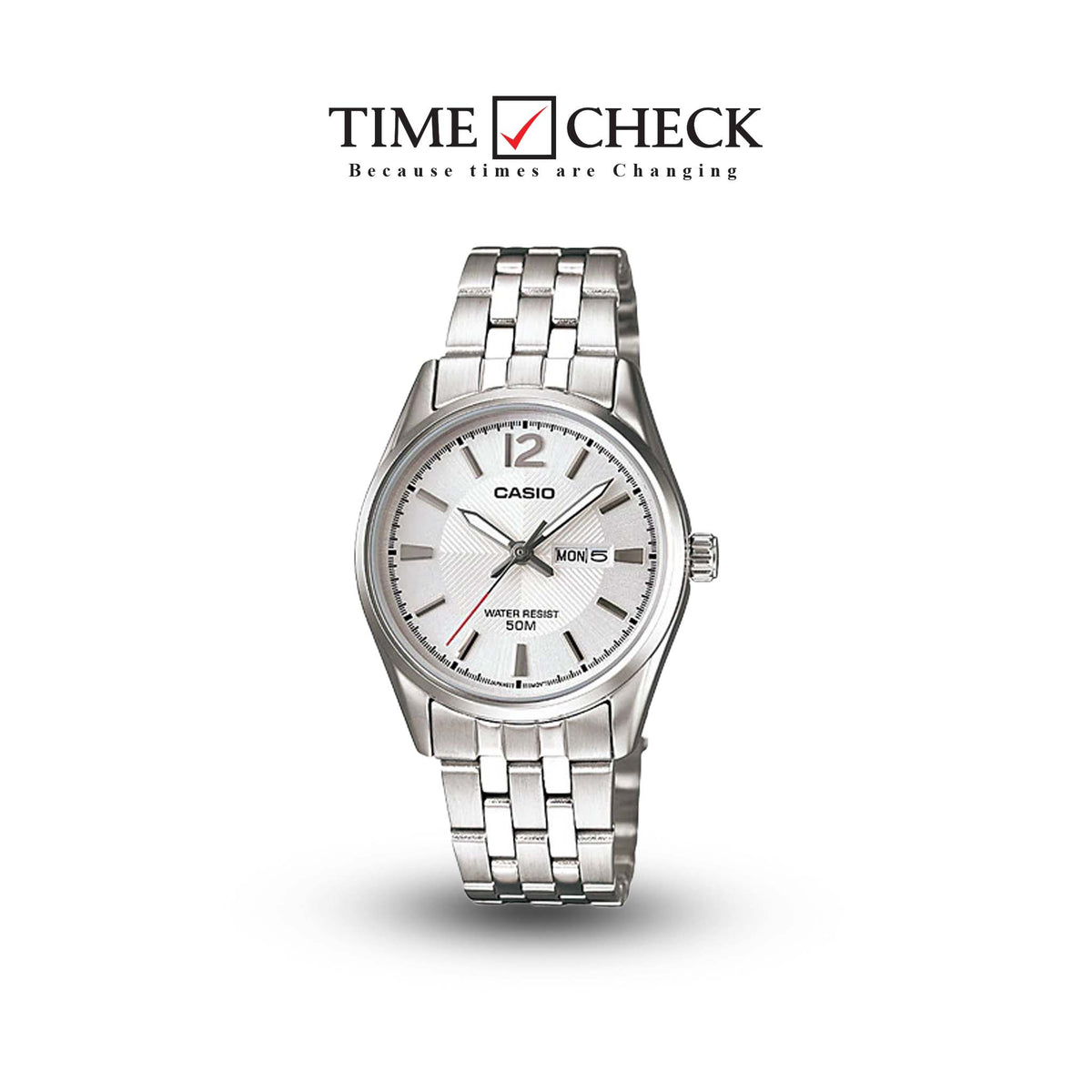 LTP-1335D-7AVDF Casio White Dial Day Date Stainless Steel Analog Quartz Women's Watch. - Timecheck