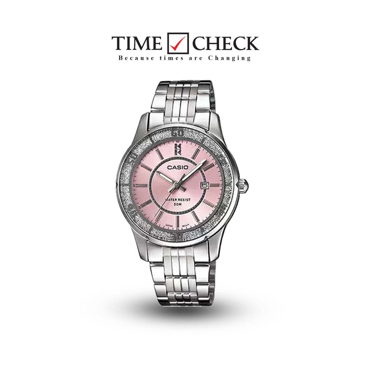 LTP-1358D-4AVDF Casio Silver Steel Chain Enticer Analog Pink Dial Women's Watch. - Timecheck