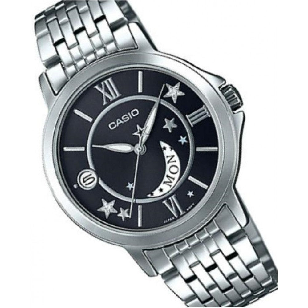 LTP-E122D-1ADF Casio Black Dial Stainless Steel Analog Quartz Women's Watch. - Timecheck