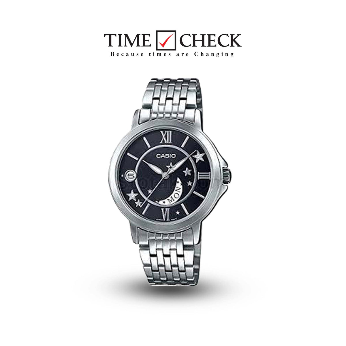 LTP-E122D-1ADF Casio Black Dial Stainless Steel Analog Quartz Women's Watch. - Timecheck