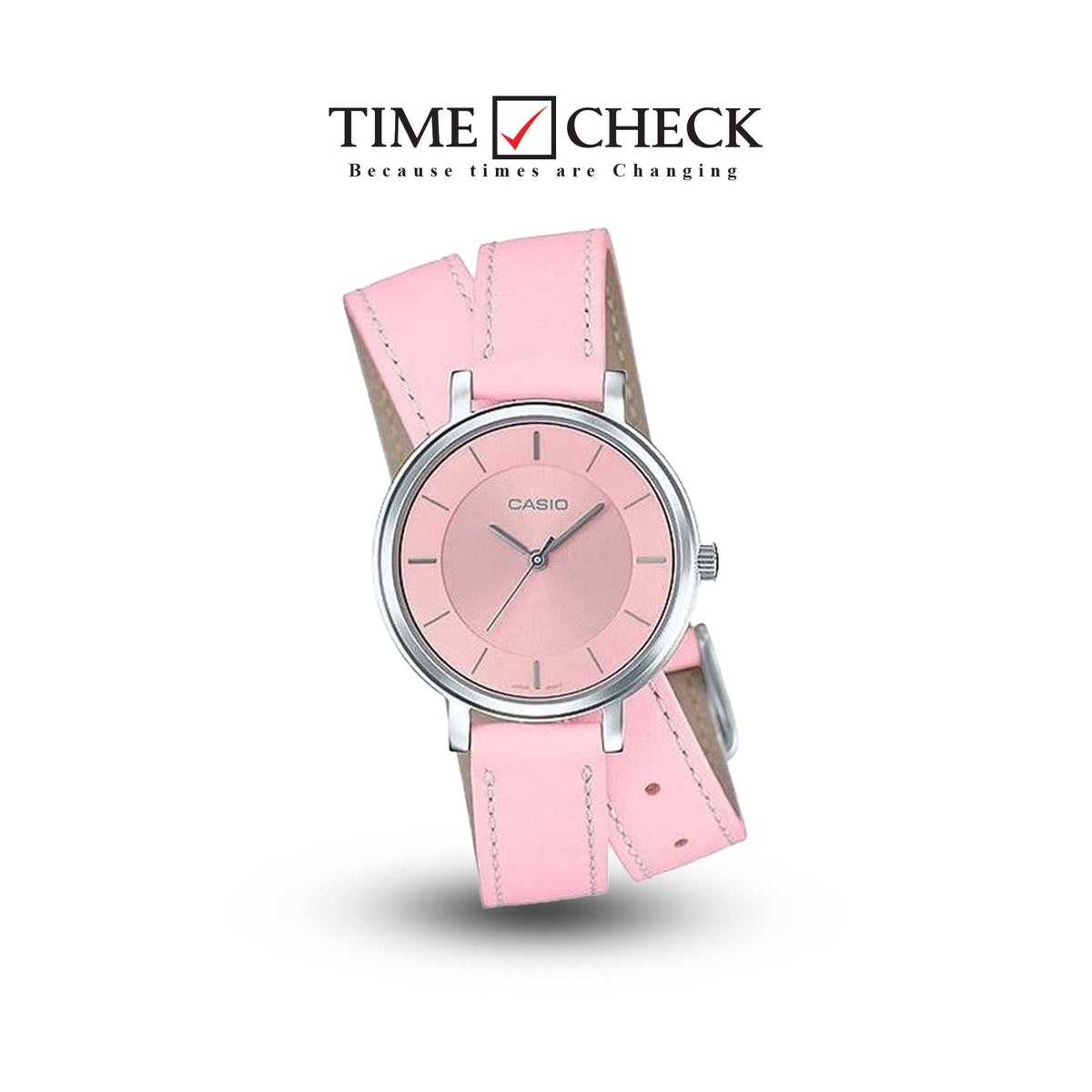 LTP-E143DBL-4A2DR Casio pink leather strap & pink analog dial women's watch. - Timecheck