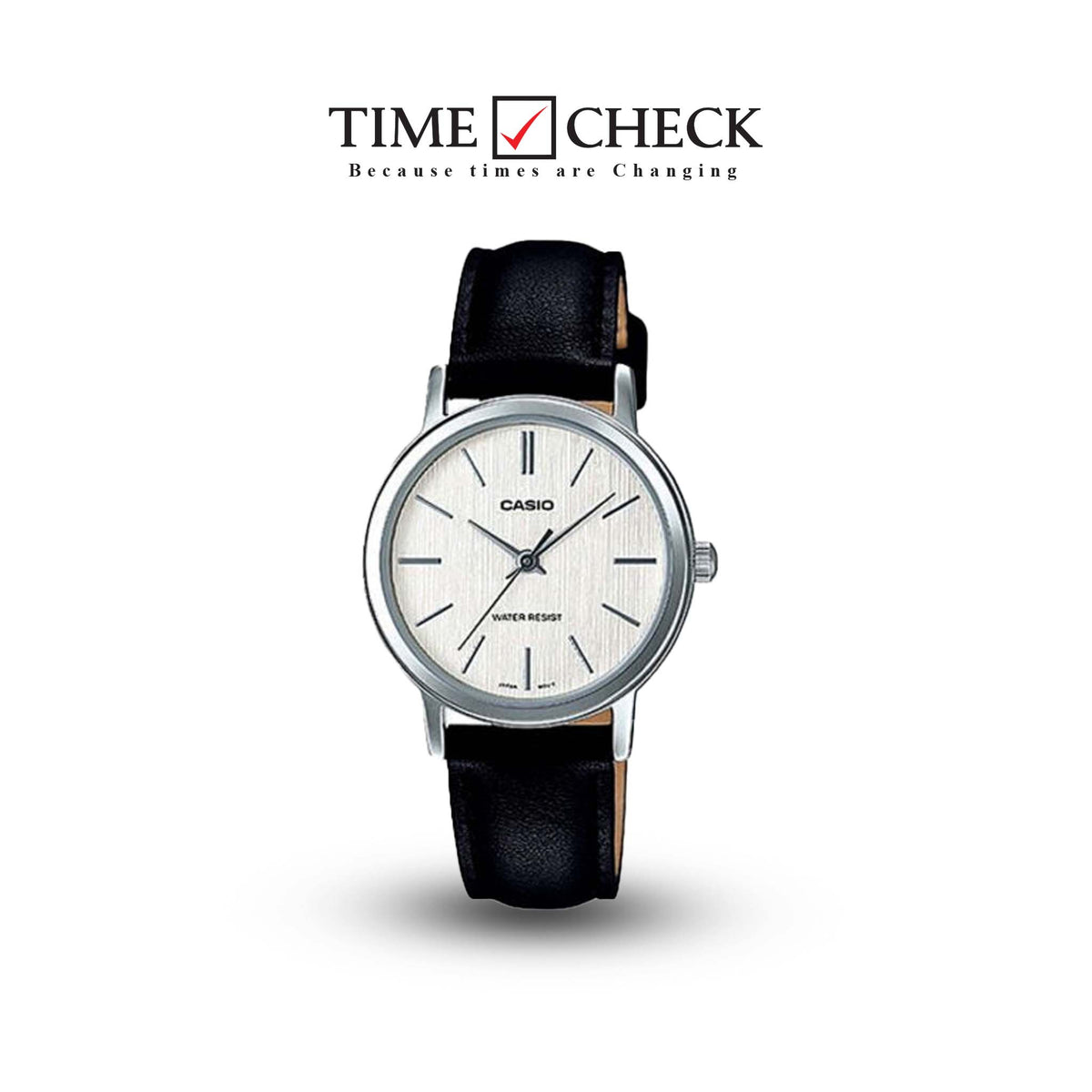 LTP-E145L-7ADF Casio Black Leather Strap White Dial Women's Watch. - Timecheck