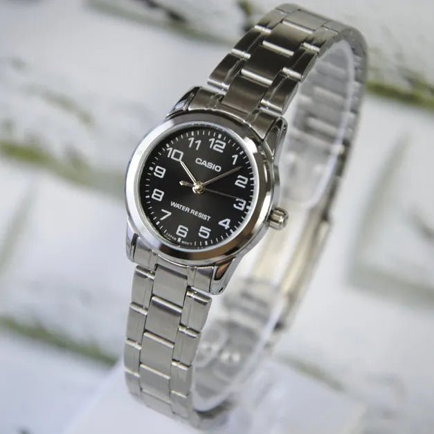 LTP-V001D-1BUDF Casio Black Dial Stainless Steel Chain Analog Quartz Women's Watch. - Timecheck
