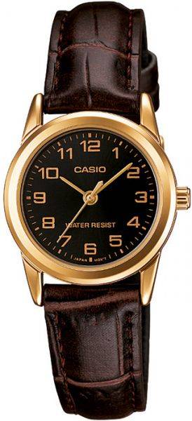 LTP-V001GL-1BUDF Casio Black Dial Leather Strap Analog Quartz Women's Watch. - Timecheck
