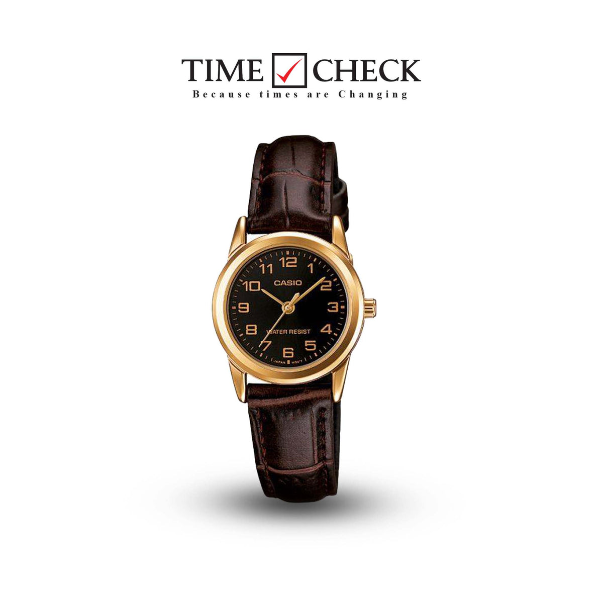 LTP-V001GL-1BUDF Casio Black Dial Leather Strap Analog Quartz Women's Watch. - Timecheck