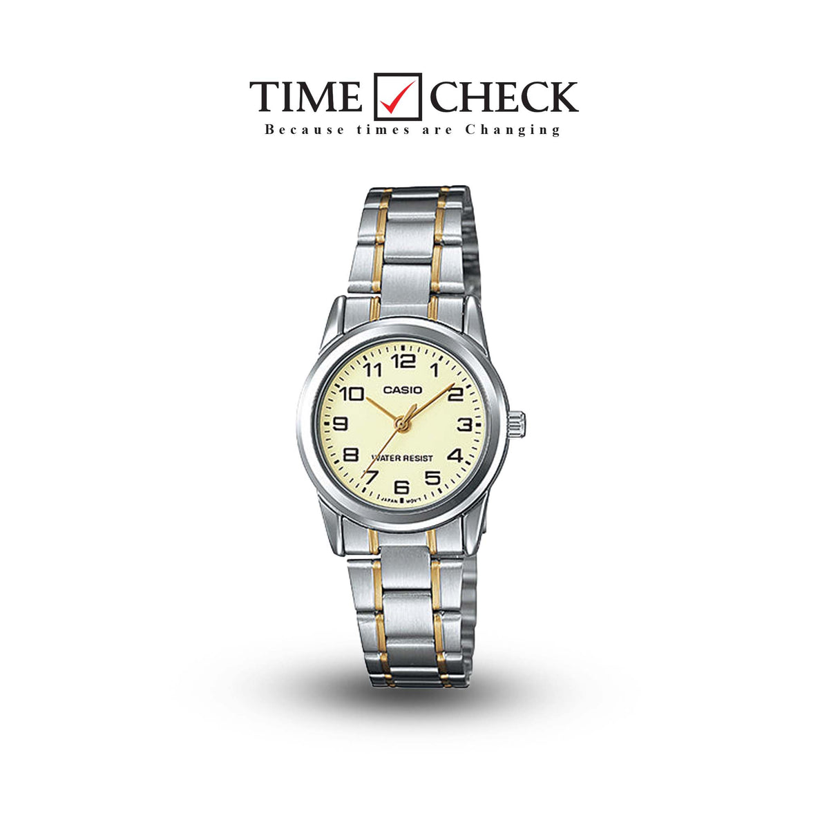 LTP-V001SG-9BUDF Casio Beige Dial Silver & Gold Chain Analog Quartz Women's Watch. - Timecheck