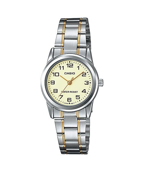 LTP-V001SG-9BUDF Casio Beige Dial Silver & Gold Chain Analog Quartz Women's Watch. - Timecheck