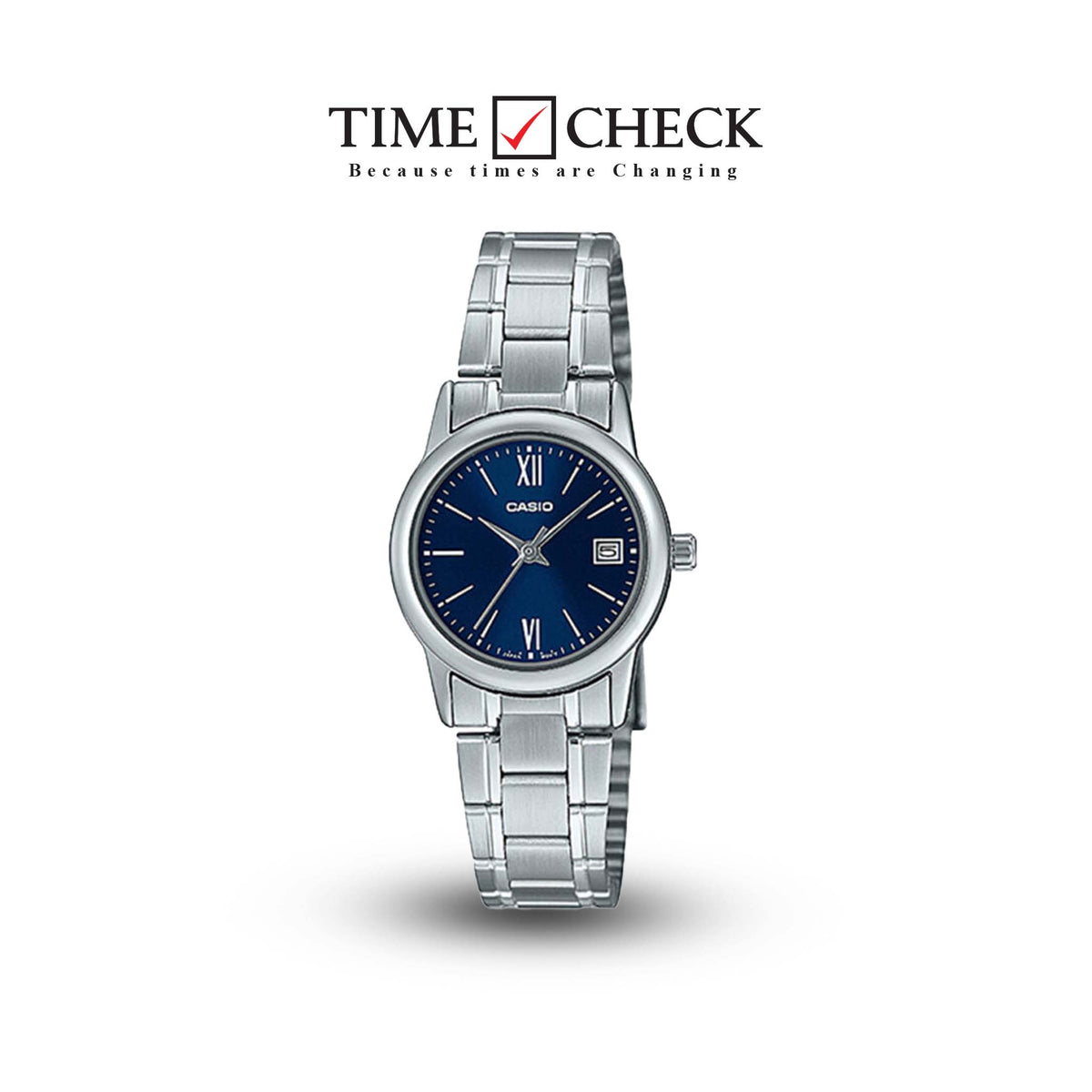 LTP-V002D-2B3UDF Casio Blue Dial Stainless Steel Chain Analog Women's Watch. - Timecheck