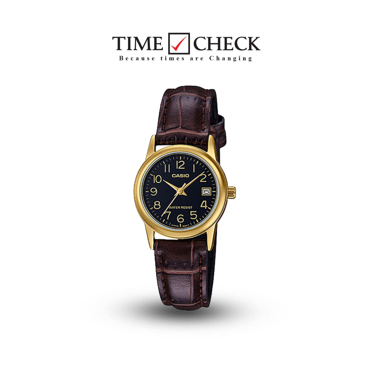 LTP-V002GL-1BUDF Casio Black Dial Leather Strap Analog Quartz Women's Watch. - Timecheck