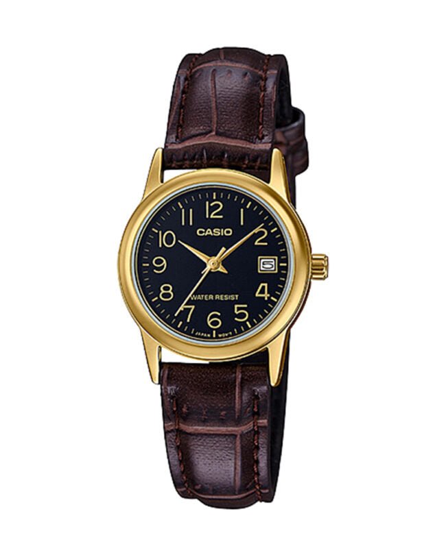 LTP-V002GL-1BUDF Casio Black Dial Leather Strap Analog Quartz Women's Watch. - Timecheck