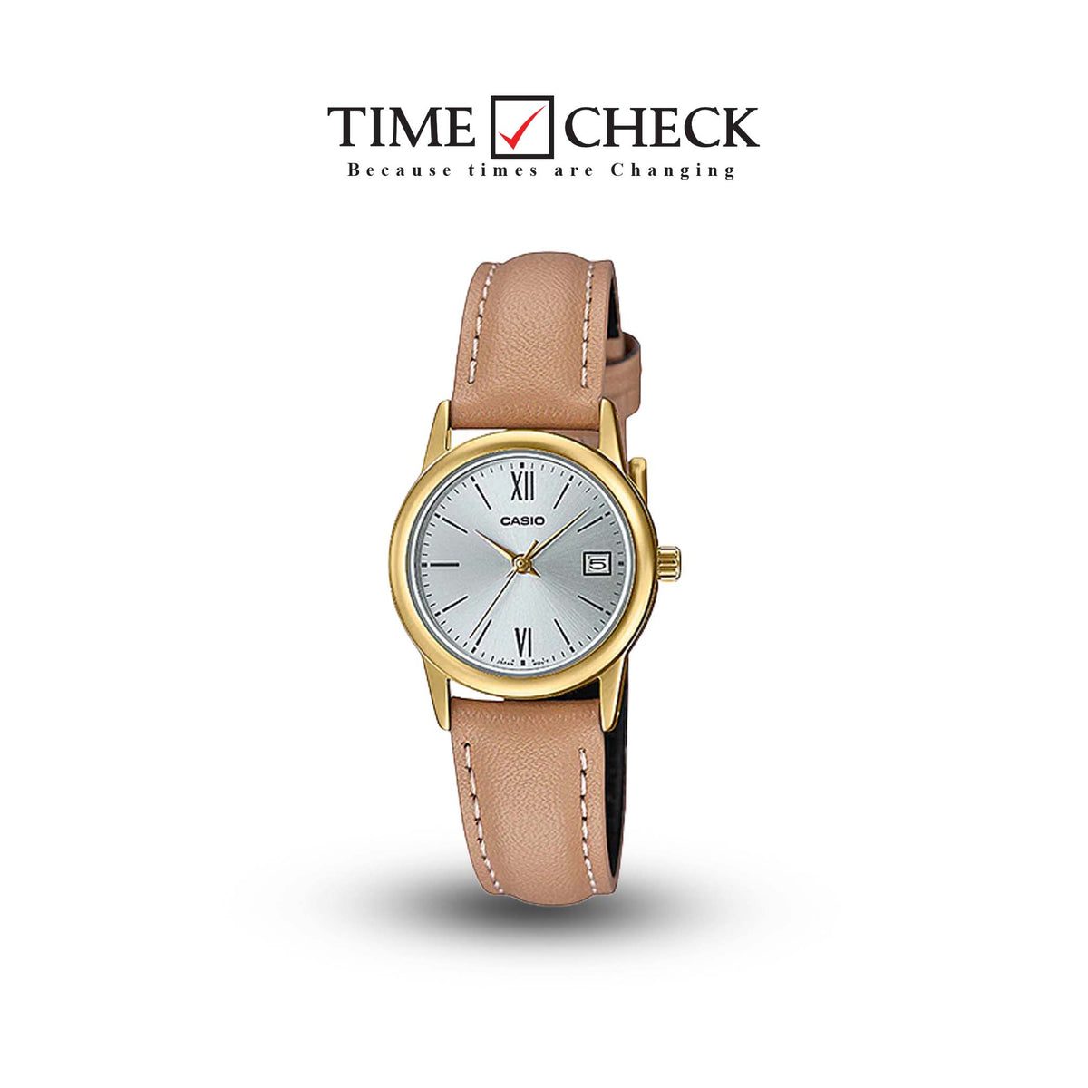 LTP-V002GL-7B3UDF Casio Silver Dial Beige Leather Strap Analog Quartz Women's Watch. - Timecheck