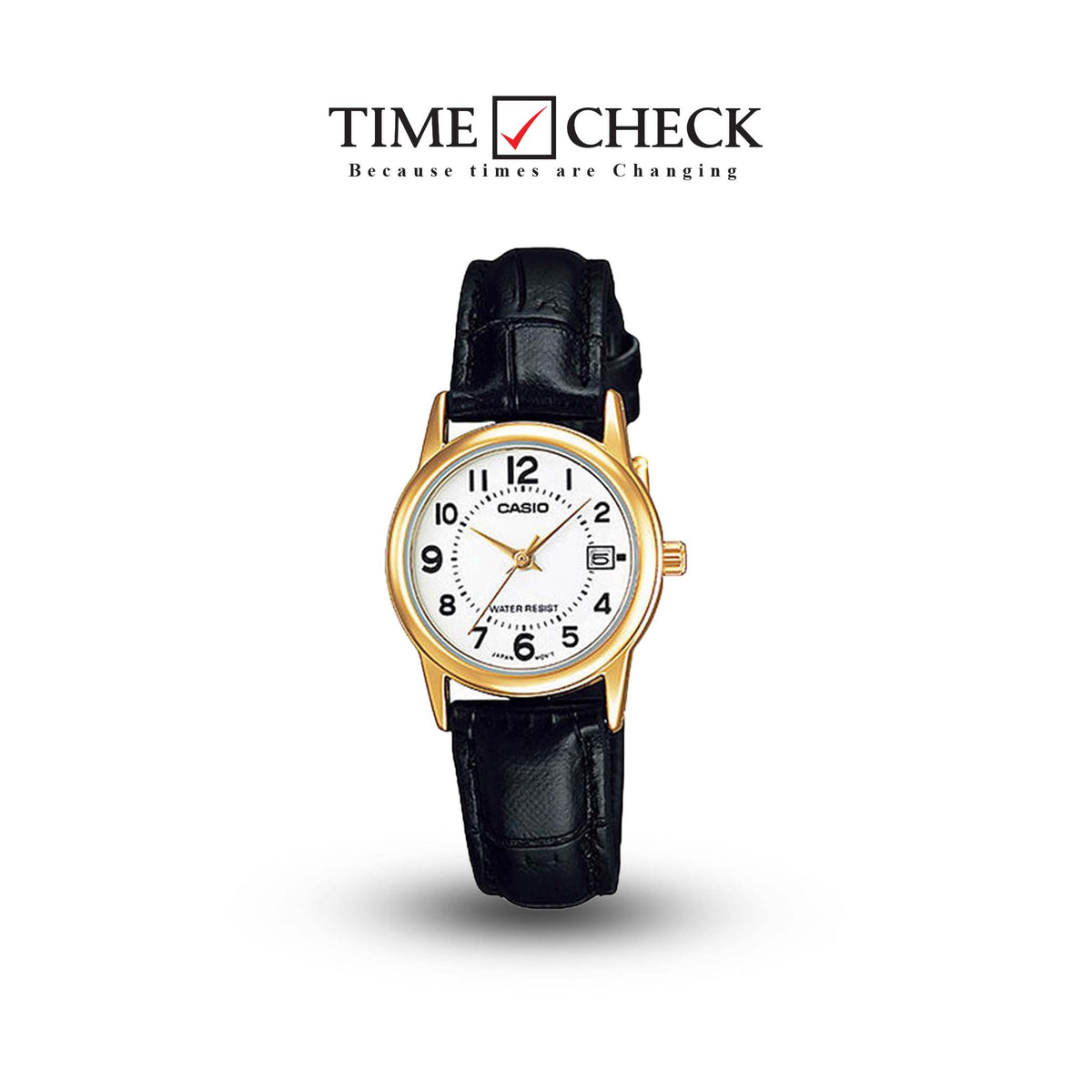 LTP-V002GL-7BUDF Casio White Dial Black Leather Strap Analog Quartz Women's Watch. - Timecheck