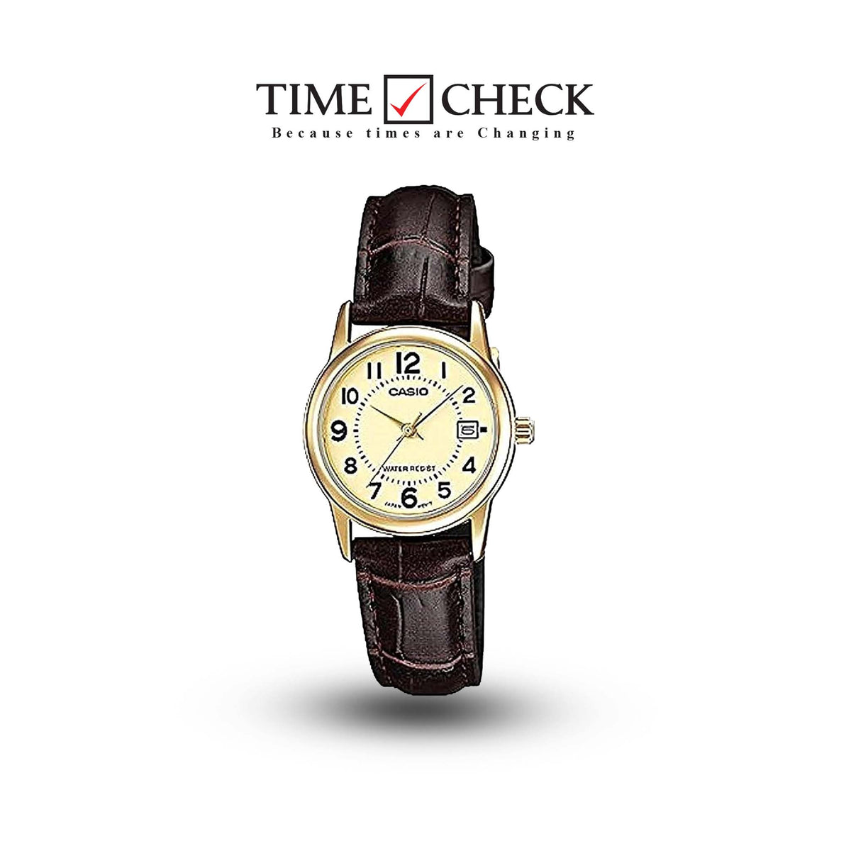 LTP-V002GL-9BUDF Casio Gold Dial Leather Strap Analog Quartz Women's Watch. - Timecheck