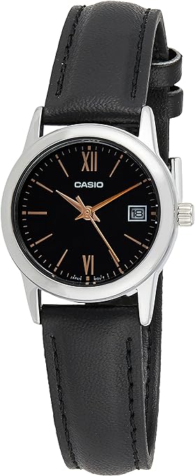 LTP-V002L-1B3UDF Casio Black Dial Black Leather Strap Analog Quartz Women's Watch. - Timecheck