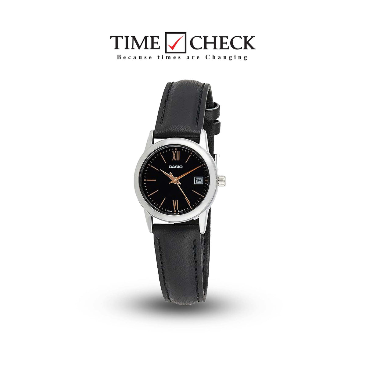 LTP-V002L-1B3UDF Casio Black Dial Black Leather Strap Analog Quartz Women's Watch. - Timecheck
