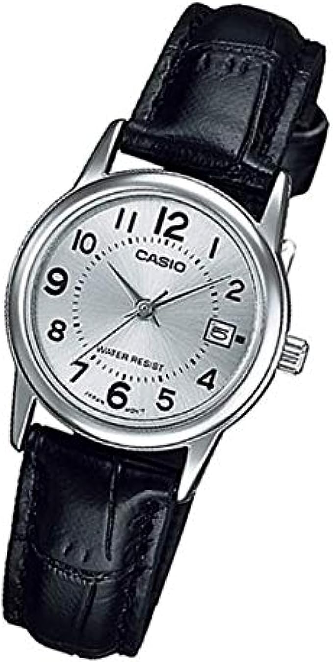 LTP-V002L-7BUDF Casio Silver Dial Black Leather Strap Analog Quartz Women's Watch. - Timecheck