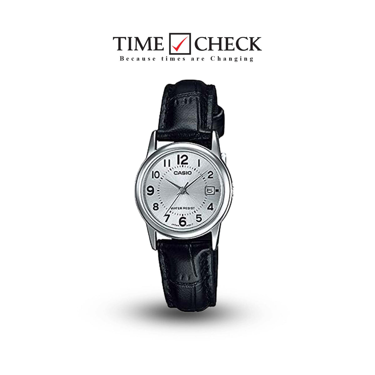 LTP-V002L-7BUDF Casio Silver Dial Black Leather Strap Analog Quartz Women's Watch. - Timecheck