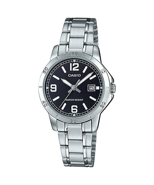LTP-V004D-1B2UDF Casio Black Dial Stainless Steel Analog Quartz Watch. - Timecheck