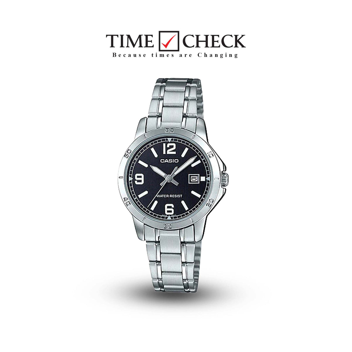 LTP-V004D-1B2UDF Casio Black Dial Stainless Steel Analog Quartz Watch. - Timecheck
