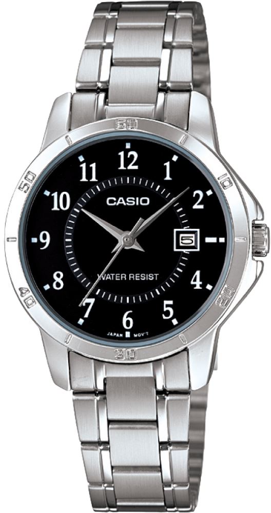 LTP-V004D-1BUDF Casio Black Dial Stainless Steel Analog Quartz Watch.