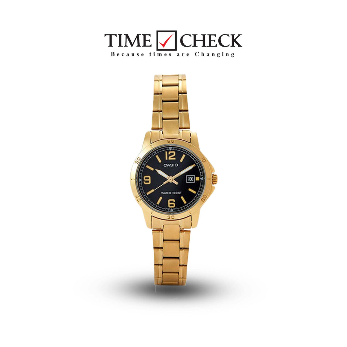 LTP-V004G-1BUDF Casio Black Dial Gold Chain Stainless Steel Quartz Women's Watch. - Timecheck