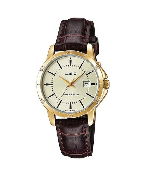 LTP-V004GL-9AUDF Casio Golden Dial Brown Leather Strap Analog Quartz Women's Watch. - Timecheck
