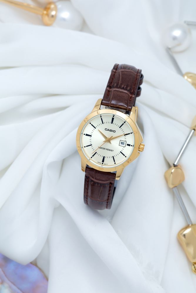 LTP-V004GL-9AUDF Casio Golden Dial Brown Leather Strap Analog Quartz Women's Watch. - Timecheck