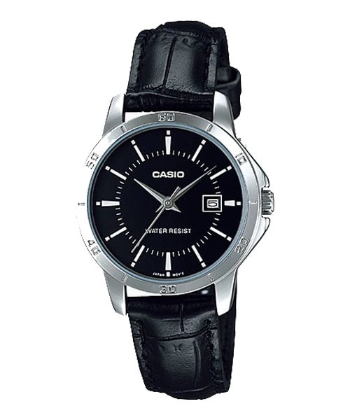 LTP-V004L-1AUDF Casio Black Dial Black Leather Strap Analog Quartz Women's Watch. - Timecheck