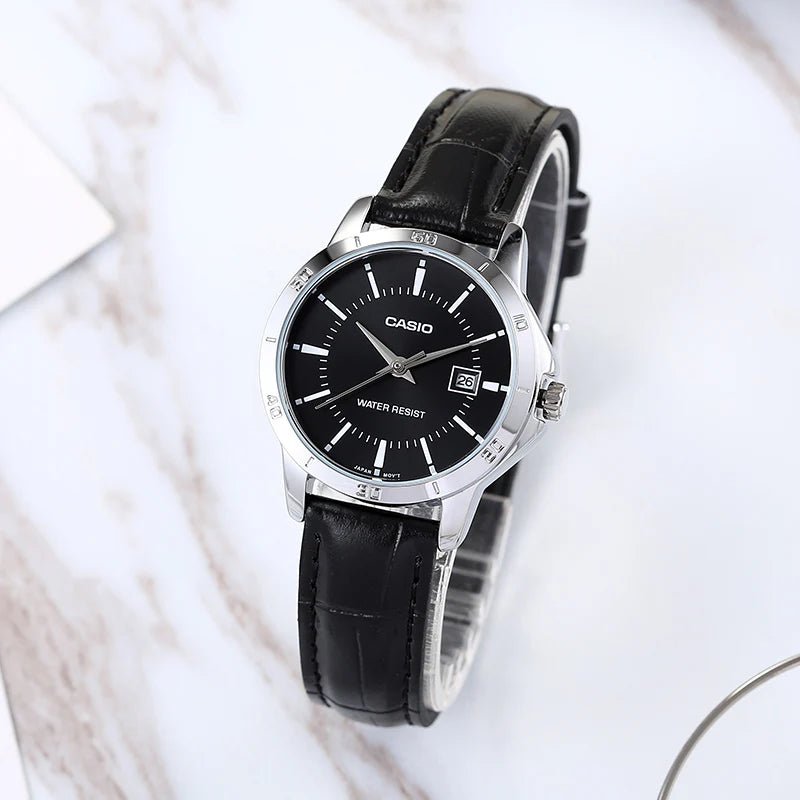 LTP-V004L-1AUDF Casio Black Dial Black Leather Strap Analog Quartz Women's Watch. - Timecheck
