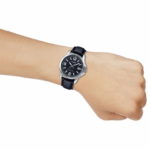 LTP-V004L-1BUDF Casio Black Dial Black Leather Strap Analog Quartz Women's Watch. - Timecheck