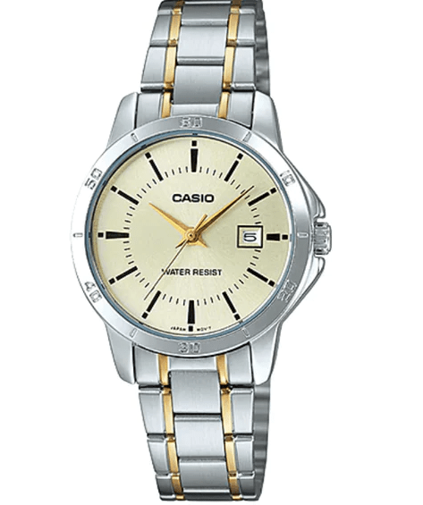 LTP-V004SG-9AUDF Casio yellow Dial Silver Gold Steel Chain Quartz Women's Watch. - Timecheck
