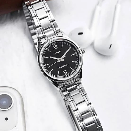 LTP-V005D-1B2UDF Casio Black Dial Silver Stainless Steel Analog Quartz Women's Watch. - Timecheck